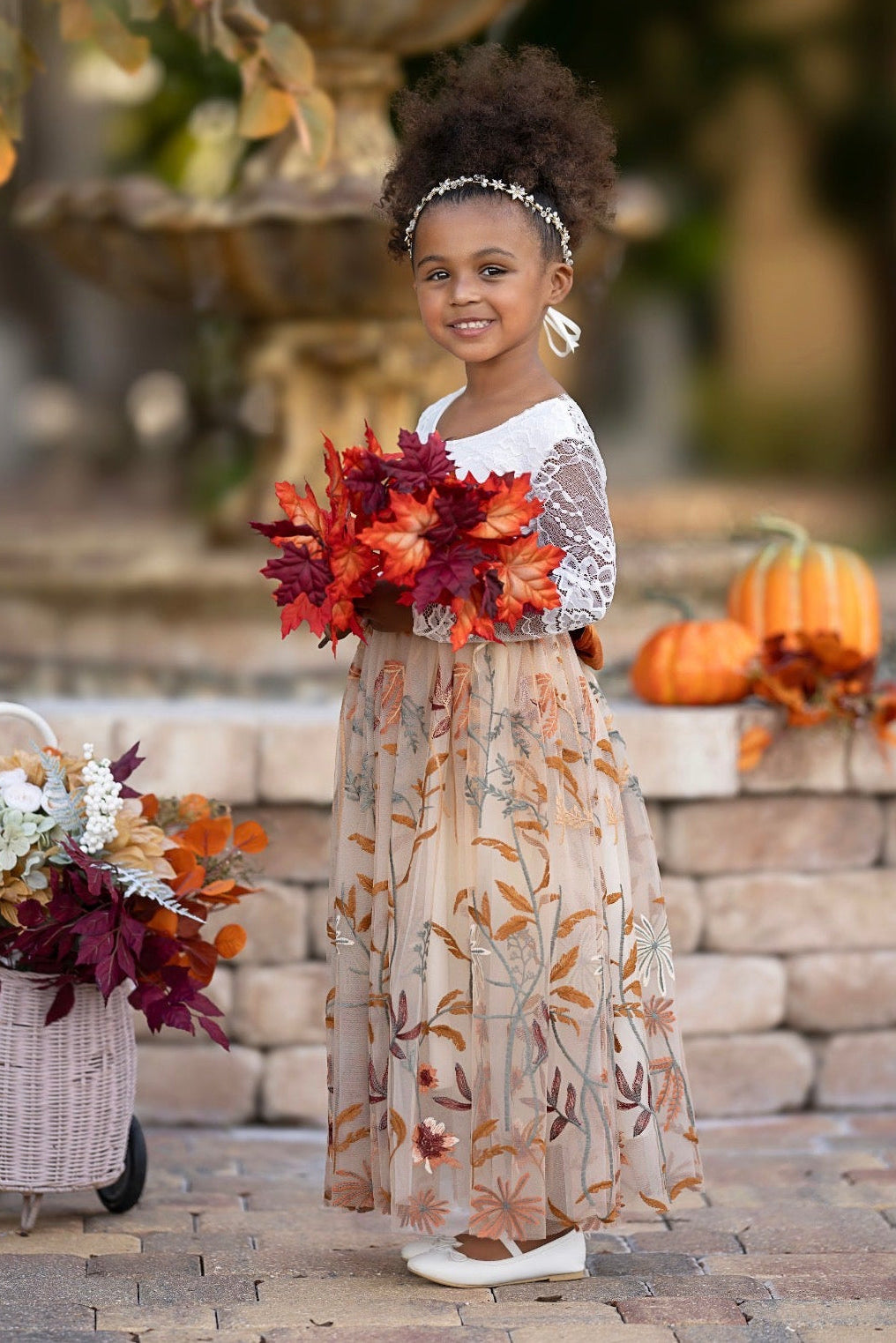 heirloom style champagne lace flower girl gown