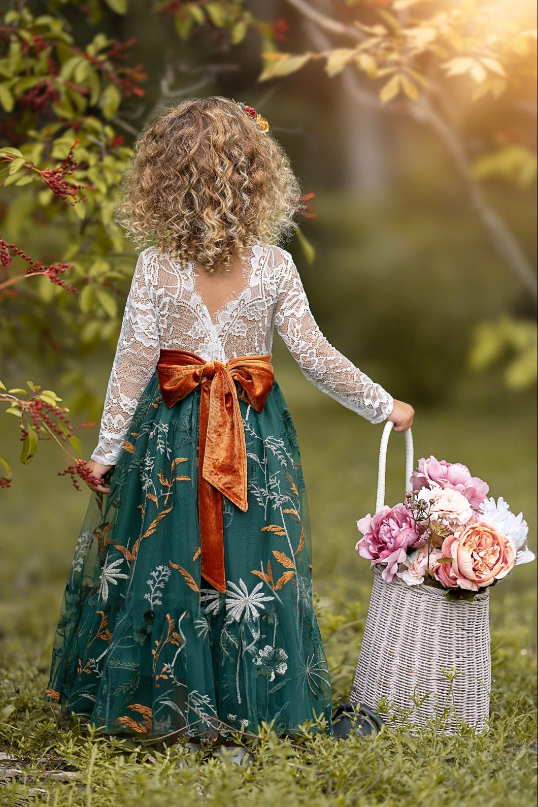 forest green embroidered flower girl dress with lace bodice