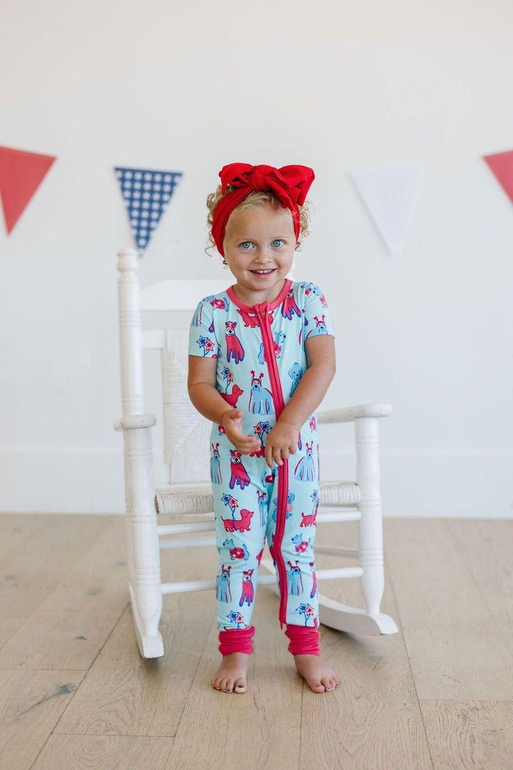 Short Sleeve Bamboo Zipper Pajamas - Patriotic Pups Design