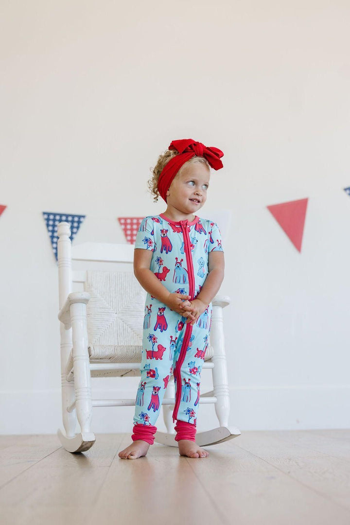 Short Sleeve Bamboo Zipper Pajamas - Patriotic Pups Design