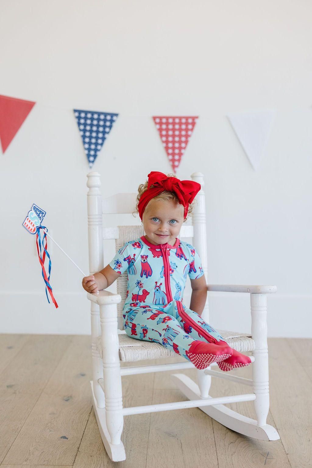 Short Sleeve Bamboo Zipper Pajamas - Patriotic Pups Design