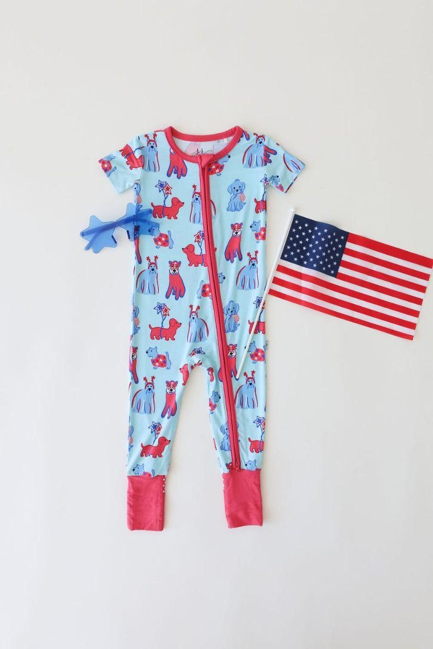 Short Sleeve Bamboo Zipper Pajamas - Patriotic Pups Design