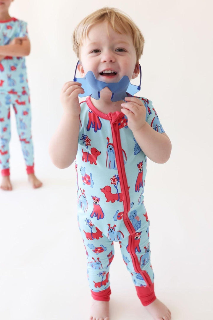 Short Sleeve Bamboo Zipper Pajamas - Patriotic Pups Design