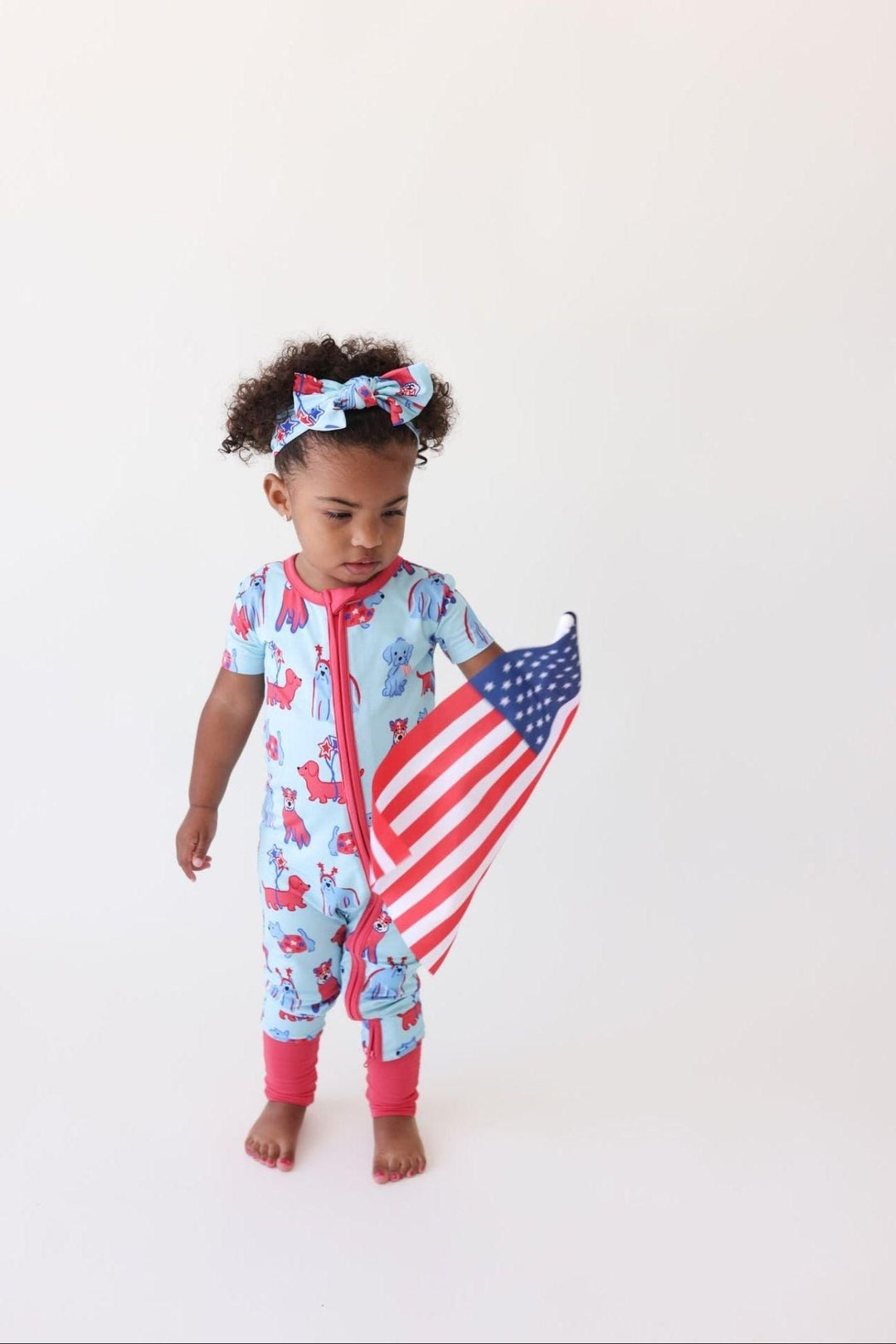 Short Sleeve Bamboo Zipper Pajamas - Patriotic Pups Design