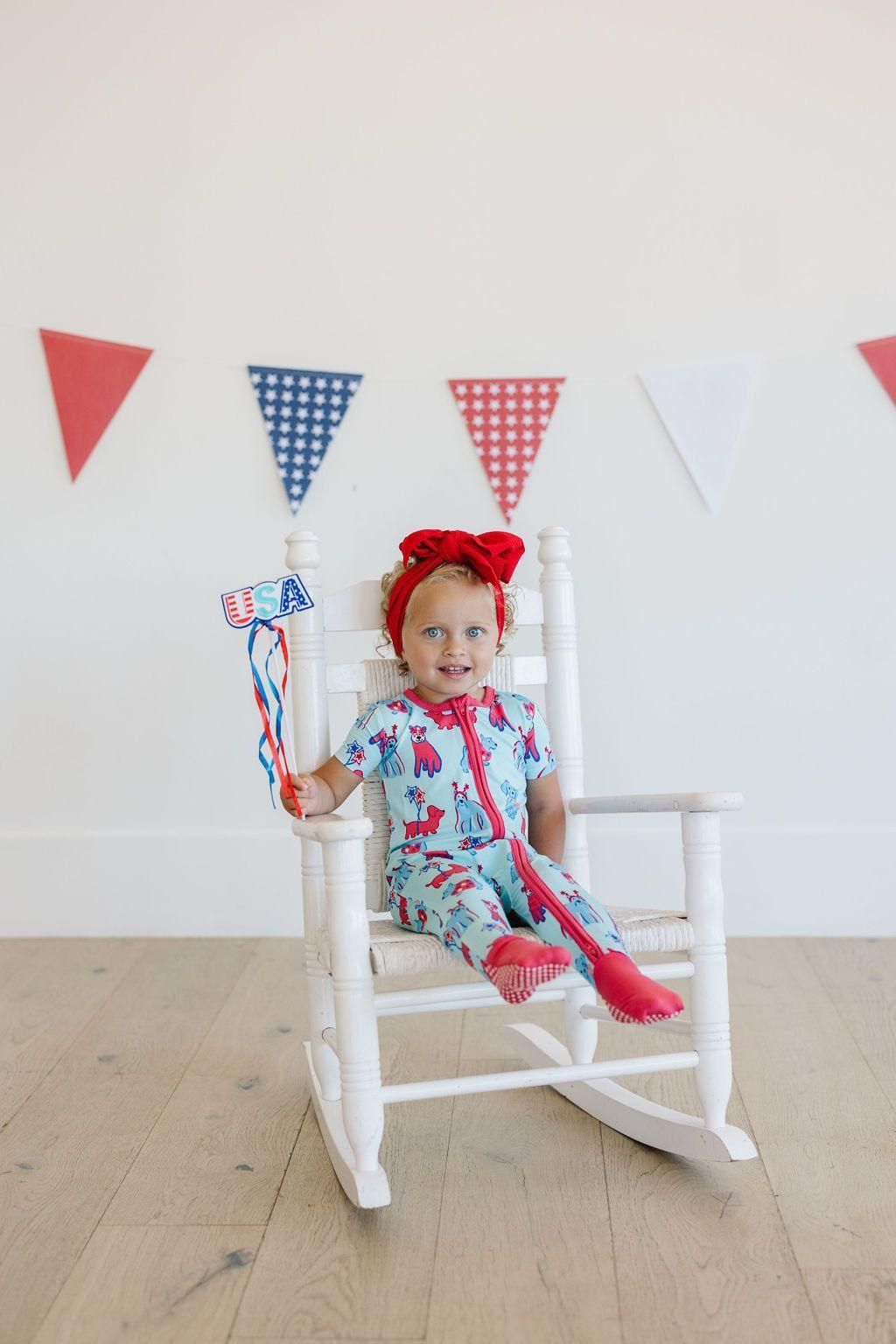 Short Sleeve Bamboo Zipper Pajamas - Patriotic Pups Design