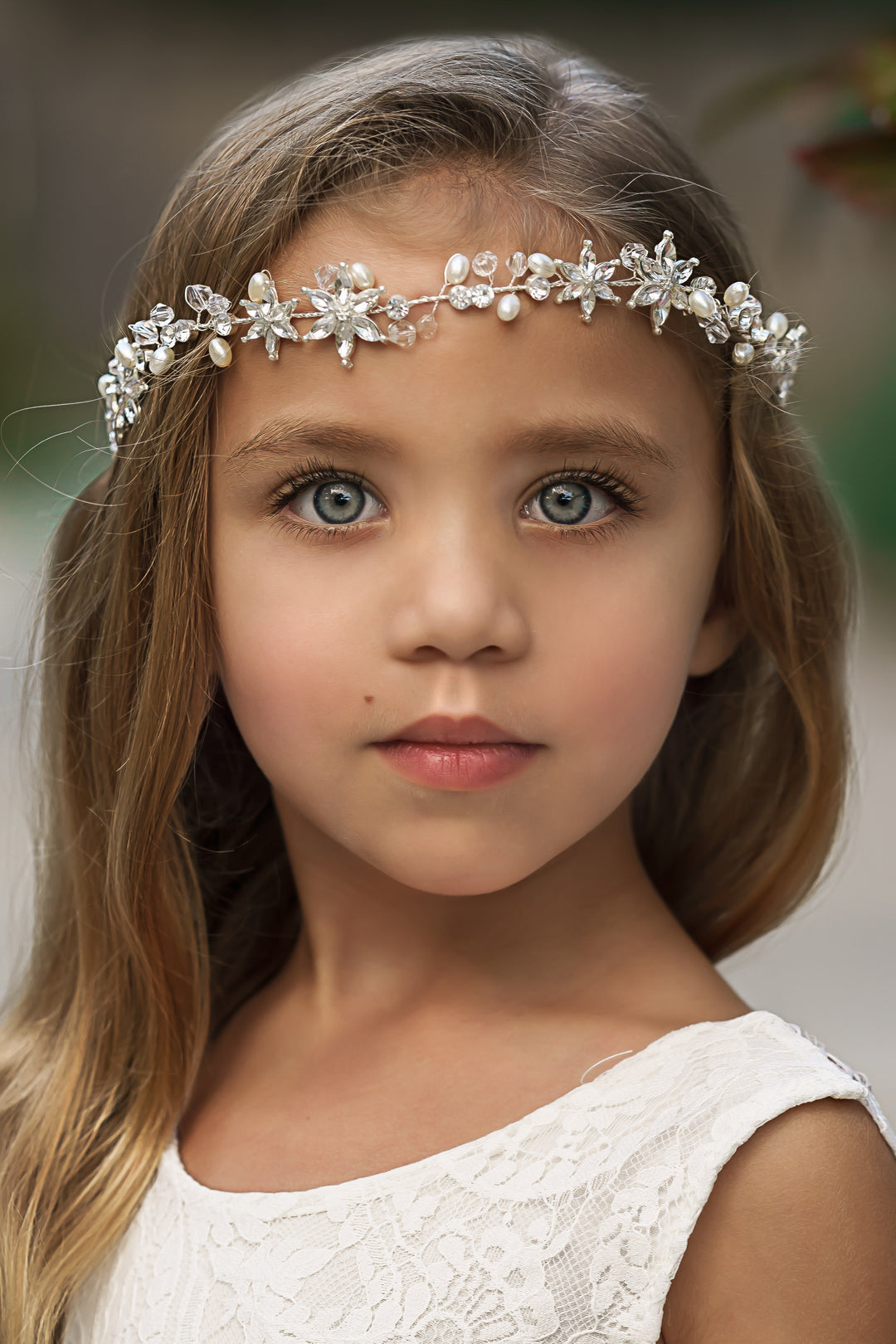 silver crystal flower headband for flower girl wedding hair accessory with delicate crystal floral design