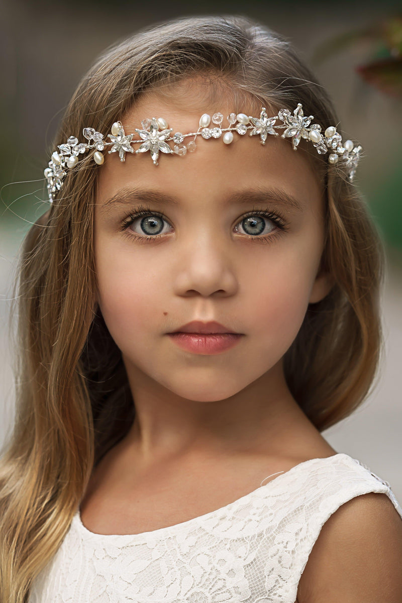 silver crystal flower headband for flower girl wedding hair accessory with delicate crystal floral design