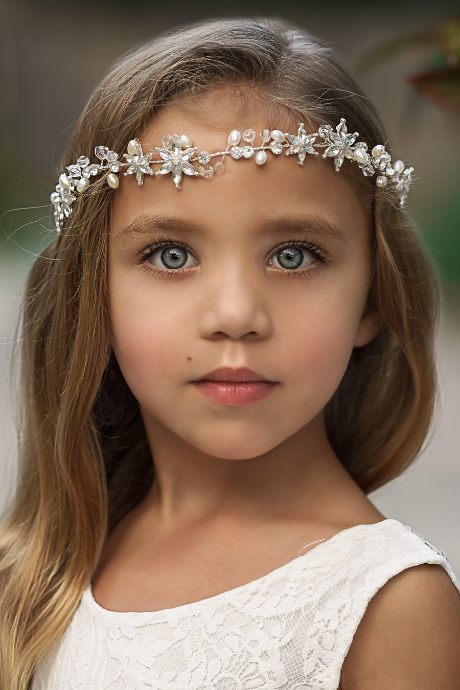silver crystal flower headband for flower girl wedding hair accessory with delicate crystal floral design