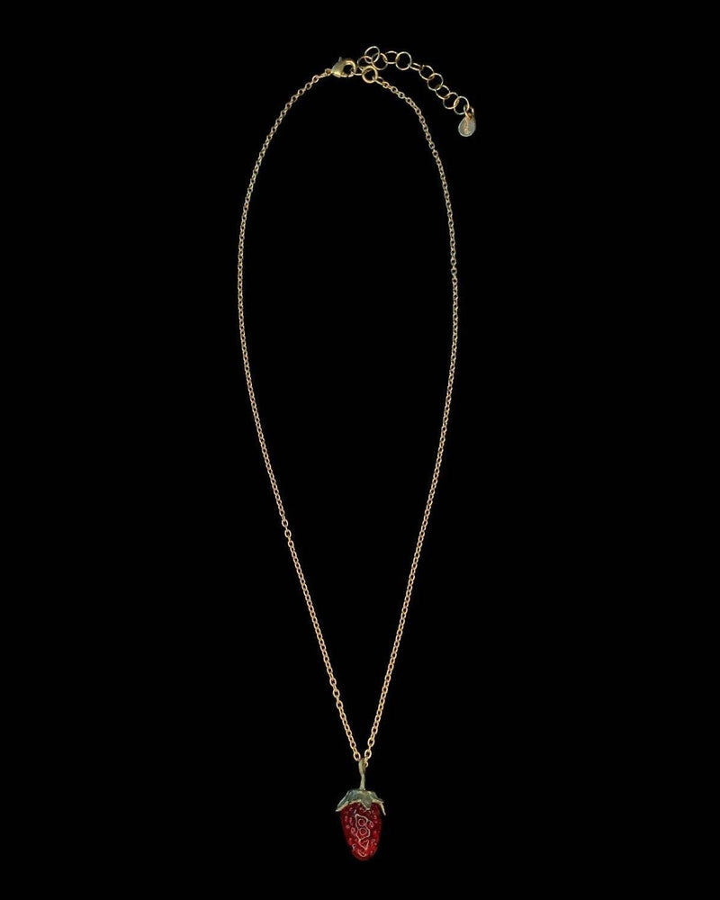 Michael Michaud Strawberry Pendant Necklace featuring a flame-worked red glass berry on an adjustable bronze chain