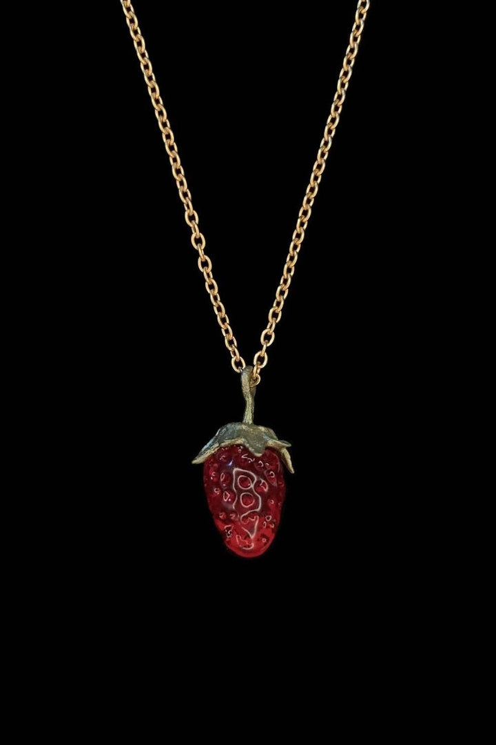 Michael Michaud Strawberry Pendant Necklace featuring hand-patinated bronze leaves and flame-worked red glass berry