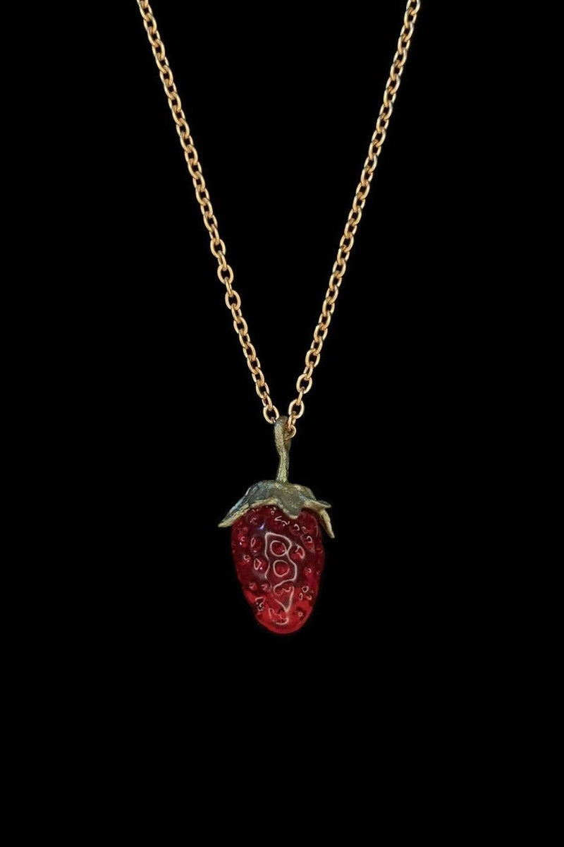 Michael Michaud Strawberry Pendant Necklace featuring hand-patinated bronze leaves and flame-worked red glass berry