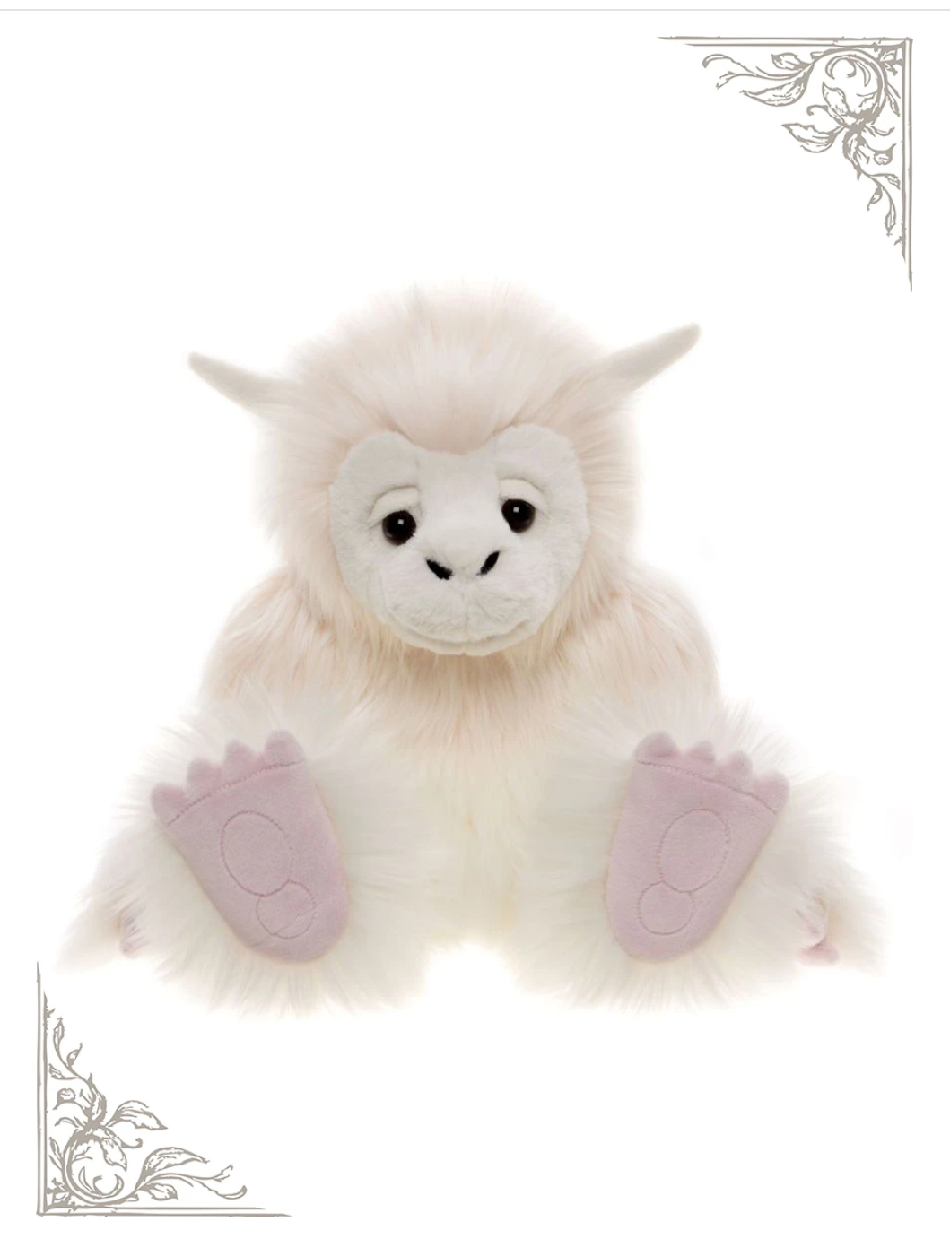 Tip Toe the Yeti, an 11-inch creamy white Bearhouse by Charlie Bears plush with little horns and pink paws, front view