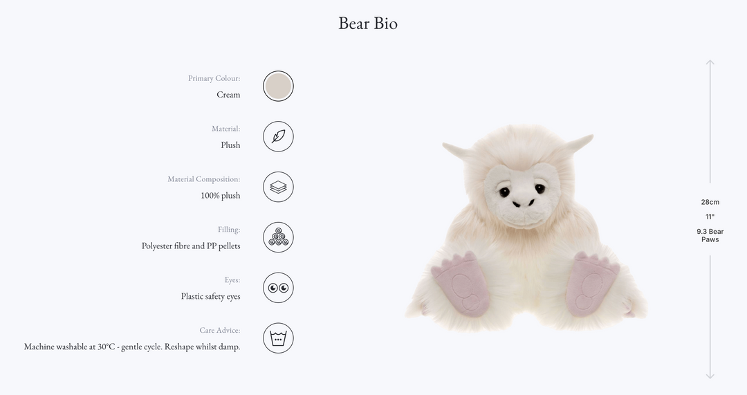 Tip Toe yeti plush size and details chart: 28 cm (11 in) cream plush, polyester filling, safety eyes, machine washable