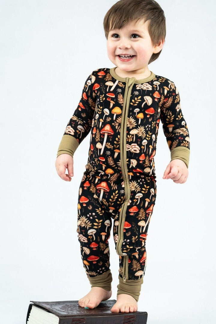 Toadstool Tales Mushroom Print Unisex Zip Up Pajamas for Baby and Toddler