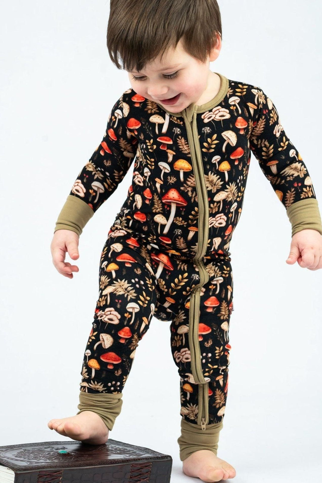 Toadstool Tales Mushroom Print Unisex Zip Up Pajamas for Baby and Toddler