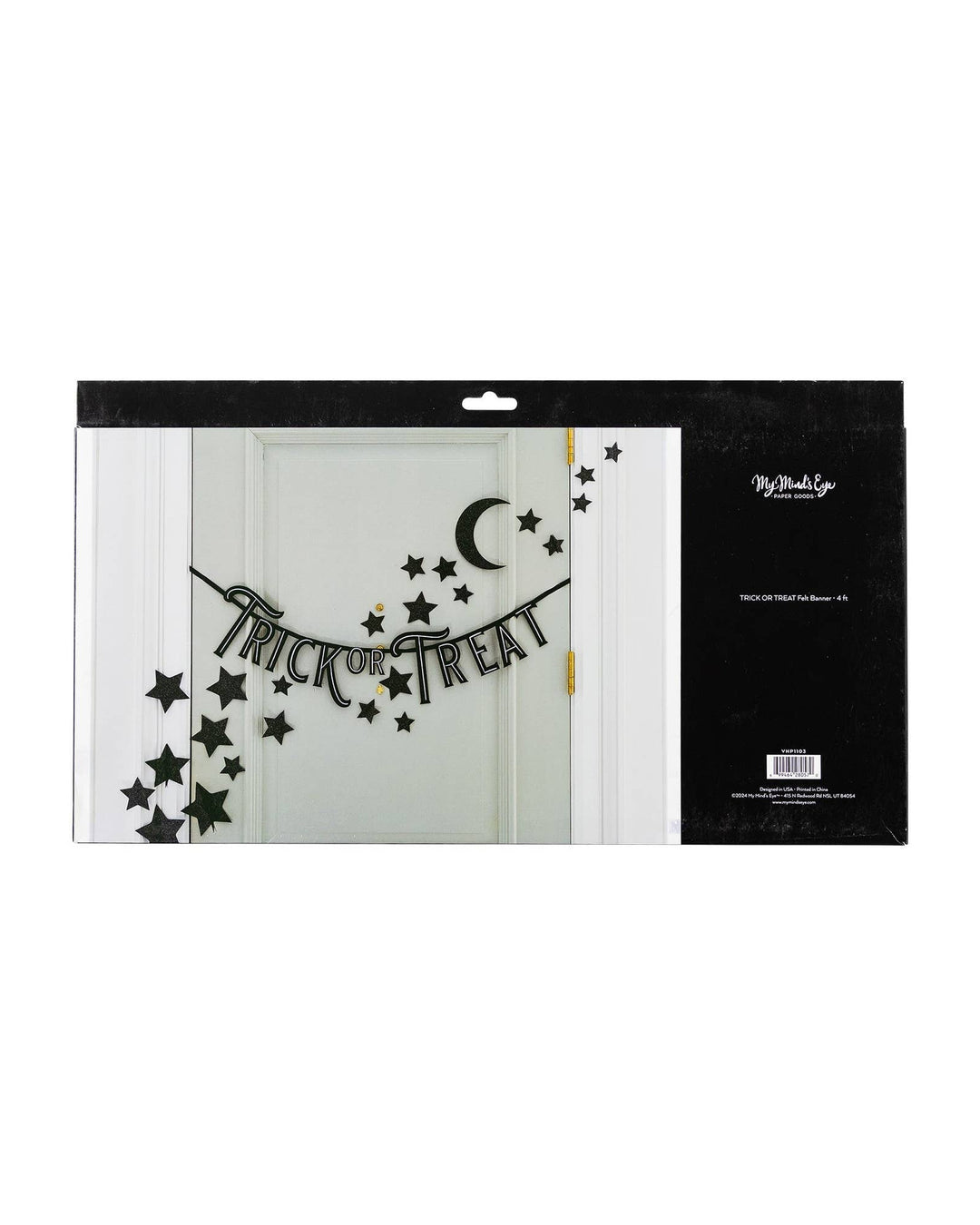 Trick or Treat felt Halloween banner in retail packaging with orange and black seasonal design