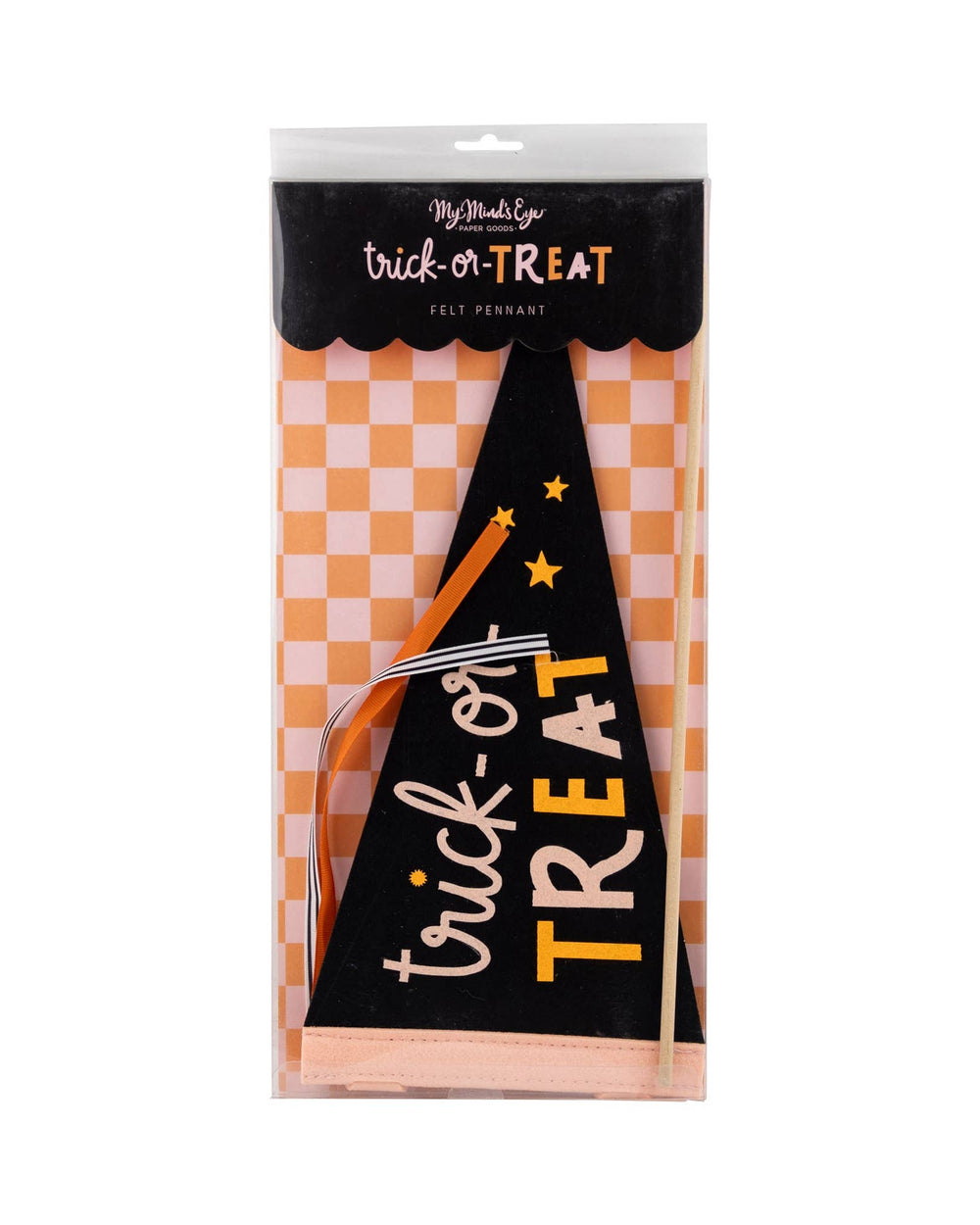 Trick or Treat felt pennant banner by My Mind’s Eye in retail packaging with black, pink and orange Halloween design.