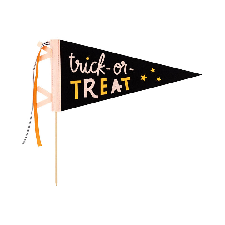 Packaged Trick or Treat Halloween felt pennant with ribbon streamers and wooden dowel.