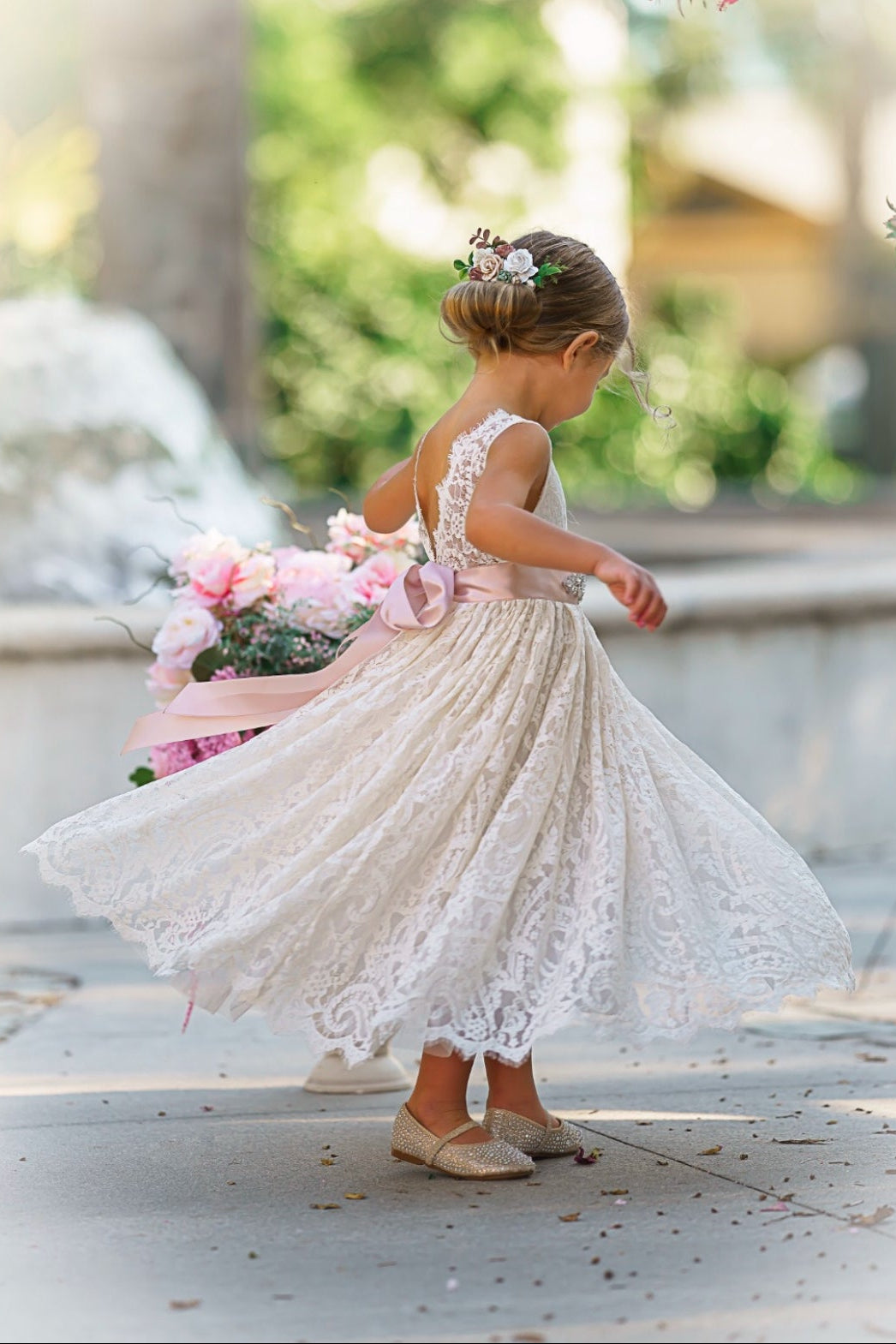 Antique ivory lace ankle dress twirl shot showing scalloped lace hem