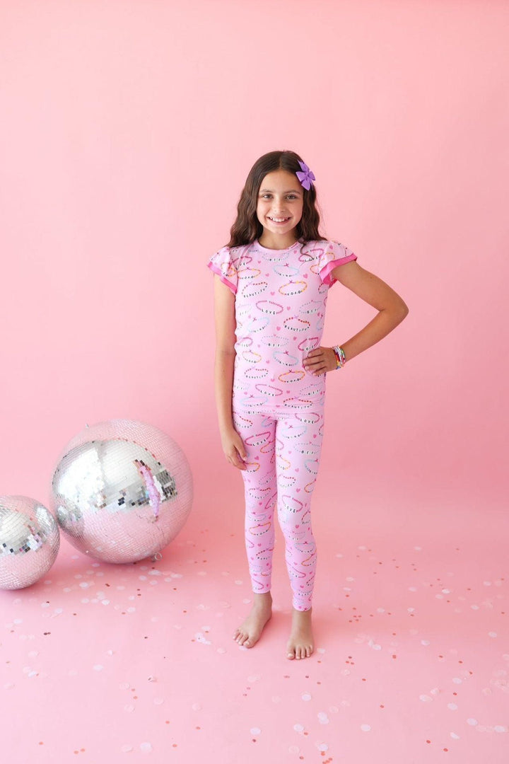 Two Piece Bamboo Kids Pajamas - Pink Friendship Bracelet Print