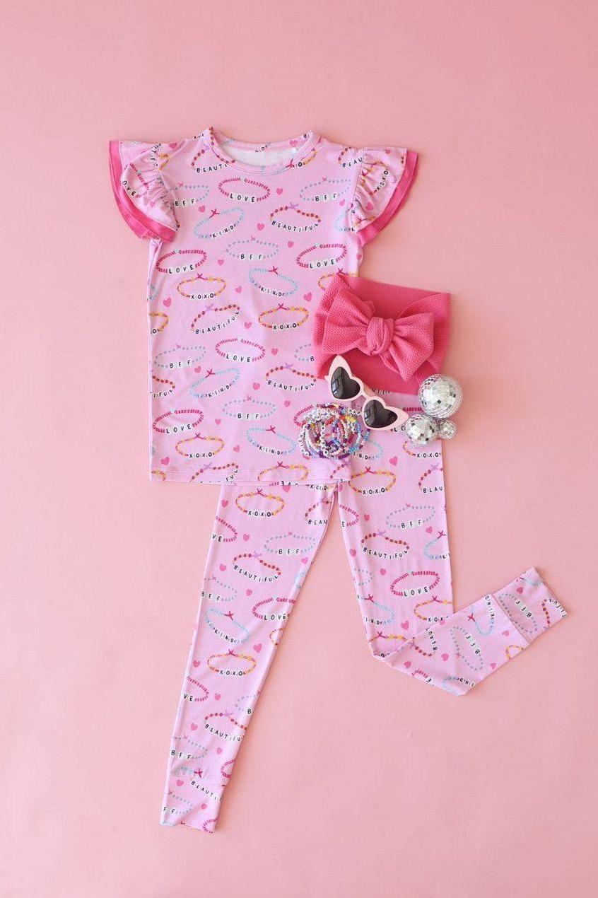 Two Piece Bamboo Kids Pajamas - Pink Friendship Bracelet Print