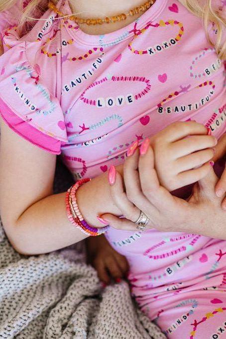 Two Piece Bamboo Kids Pajamas - Pink Friendship Bracelet Print