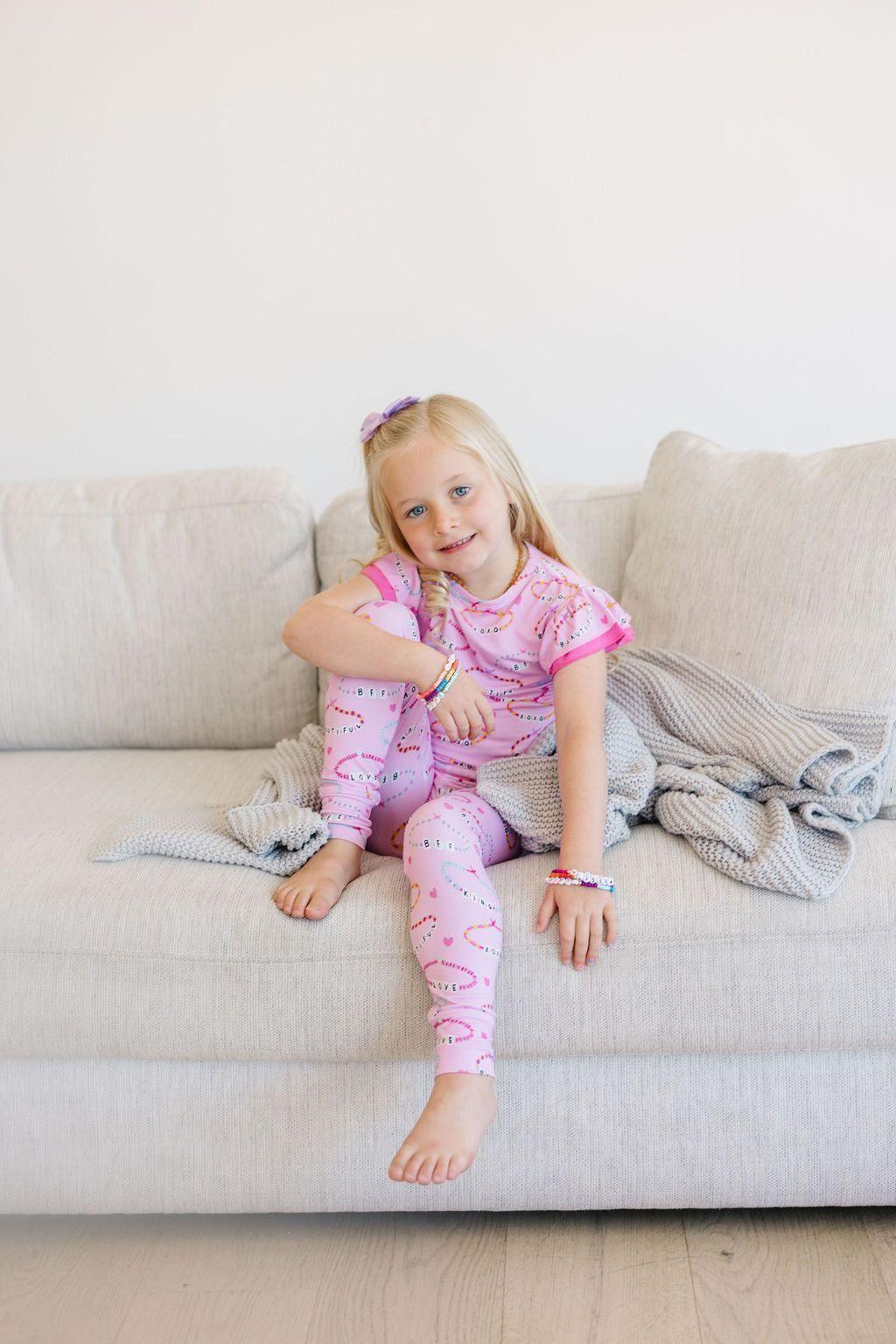 Two Piece Bamboo Kids Pajamas - Pink Friendship Bracelet Print