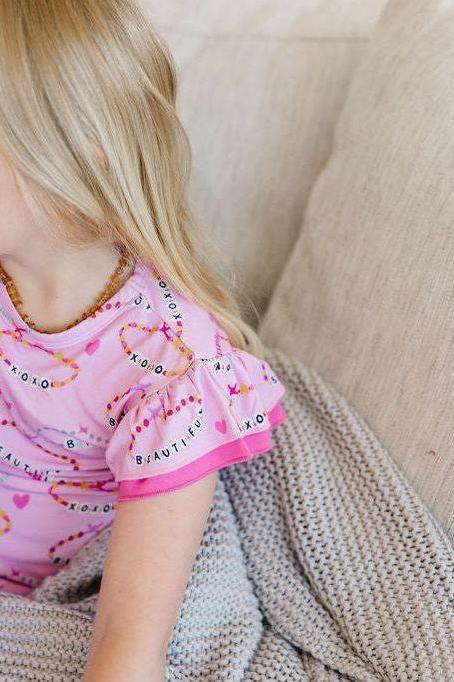 Two Piece Bamboo Kids Pajamas - Pink Friendship Bracelet Print