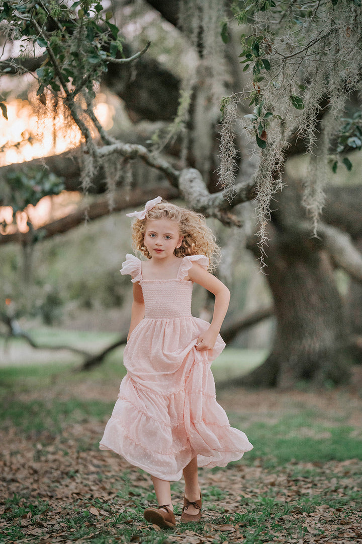 Heirloom-inspired Wild Strawberry Swiss dot maxi dress for girls from the Orchard Collection