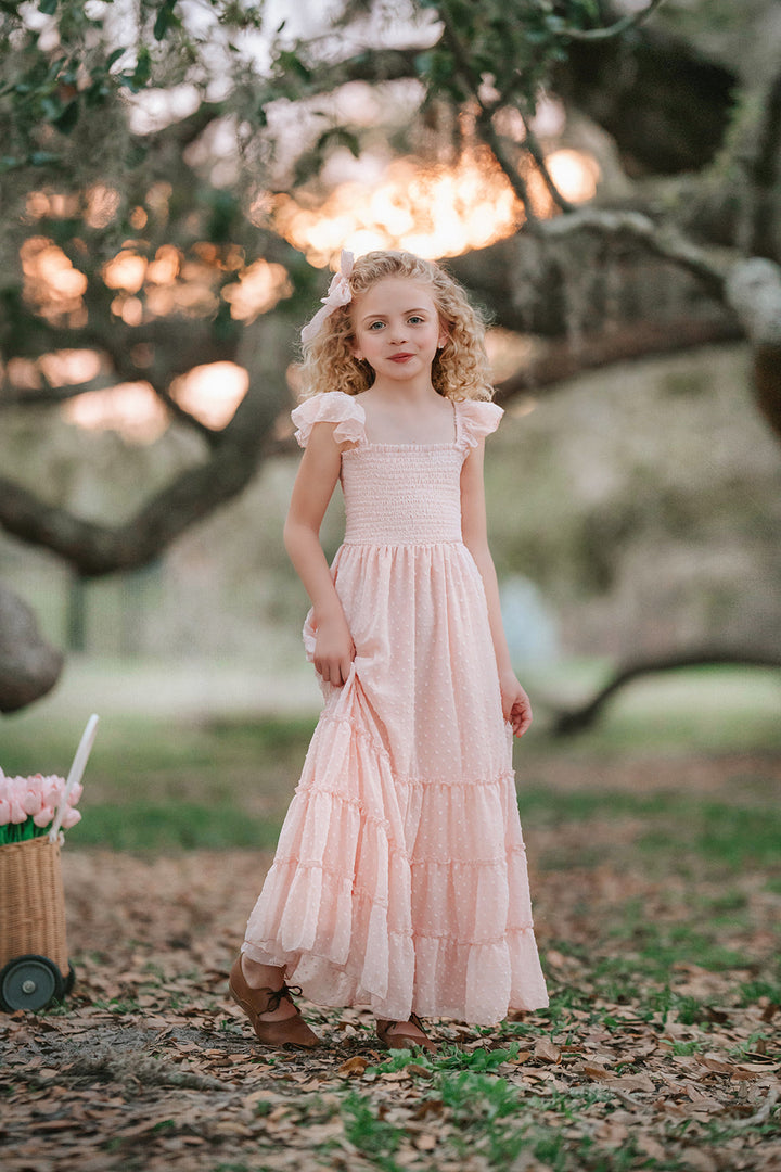 Heirloom-inspired Wild Strawberry Swiss dot maxi dress for girls from the Orchard Collection