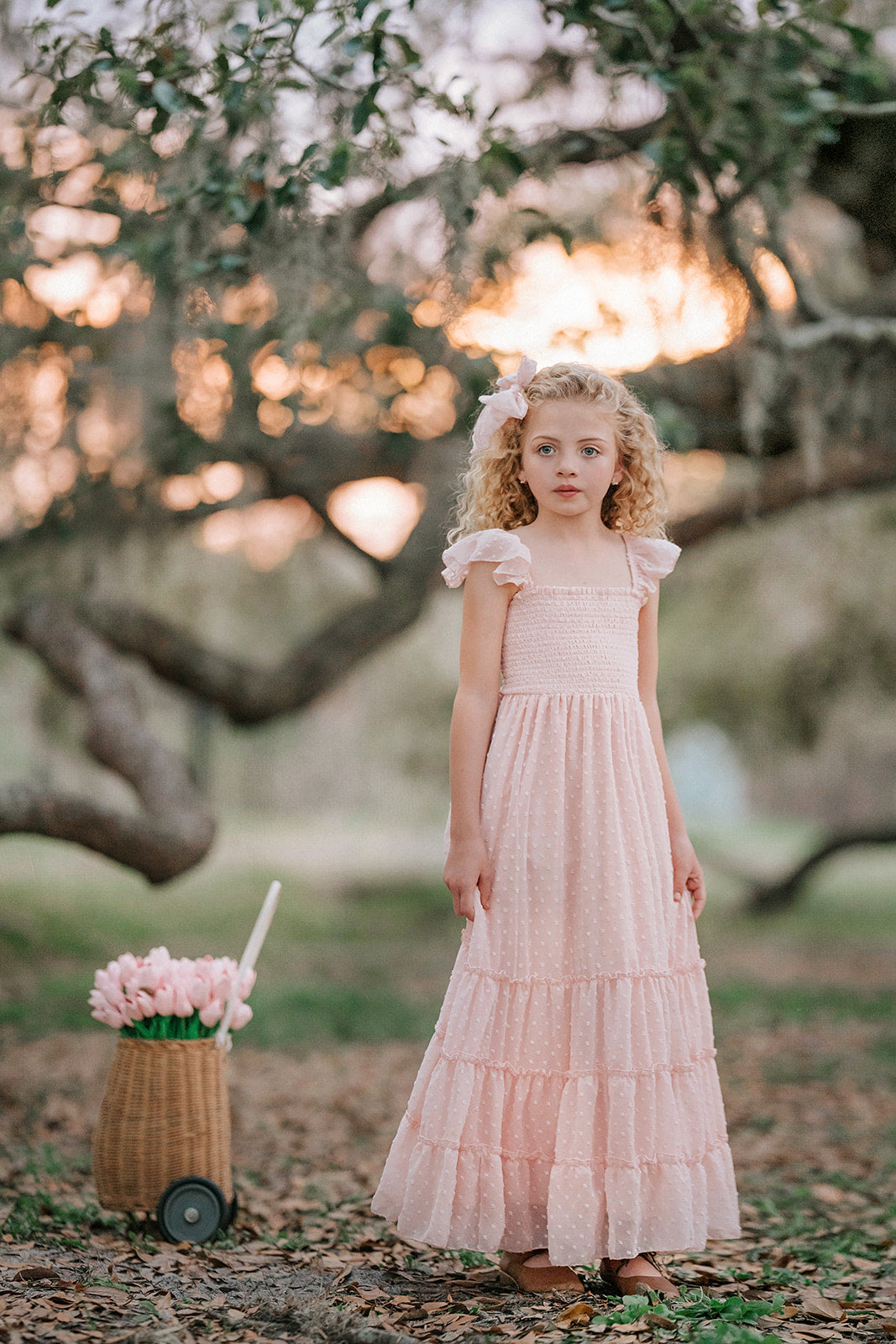 Front portrait of Wild Strawberry Swiss dot girls maxi dress with flutter sleeves