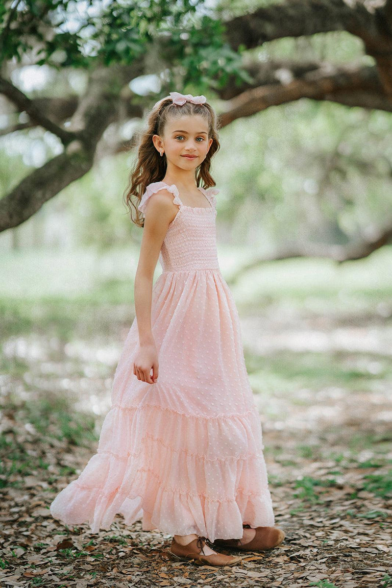 Wild Strawberry girls Swiss dot maxi dress with smocked bodice and flutter sleeves from the Orchard Collection