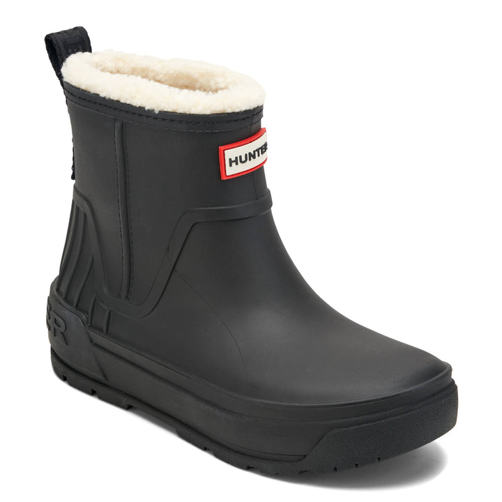 Hunter Women’s Willa black lightweight insulated waterproof bootie angled side view