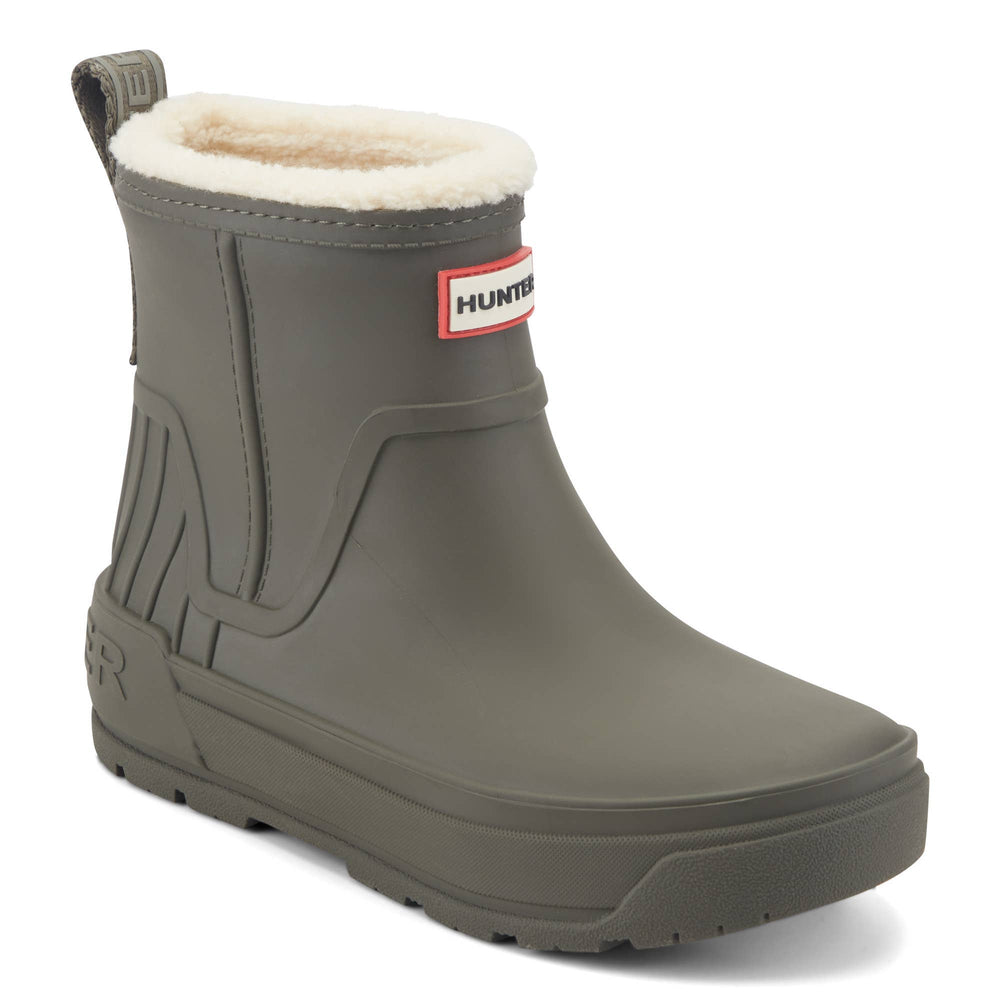 Insulated Willa Hunter  Boot brand rain boot in dark gray with a cream-colored fleece lining, shown from a three-quarters angle on a white background.