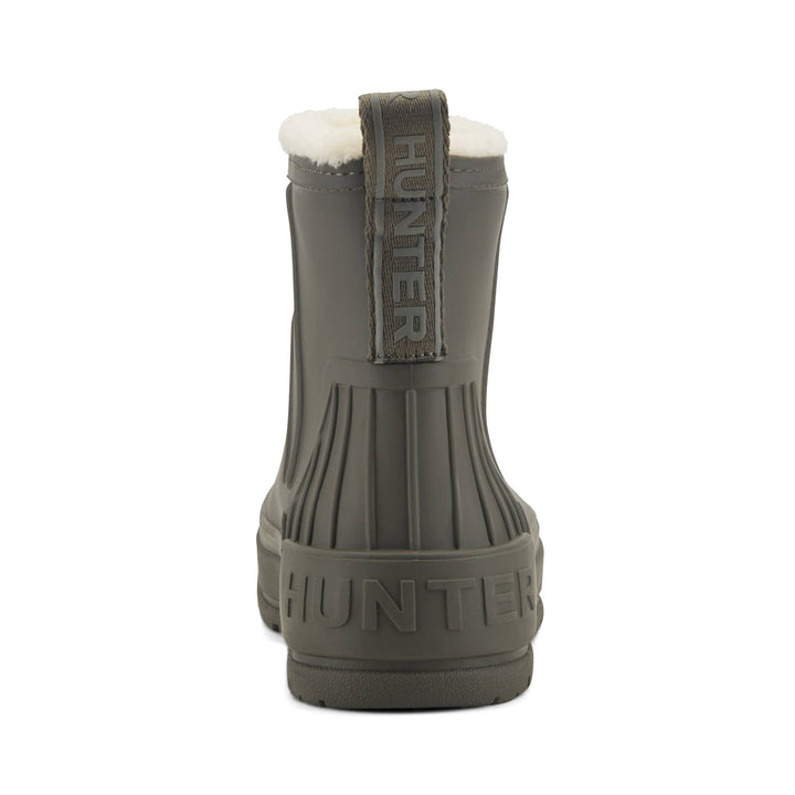 Insulated Willa Hunter  Boots rubber duck boot shown from the back, featuring a dark gray-green body, a white faux-fur collar, and a pull tab with the brand name 'HUNTER' embossed vertically.