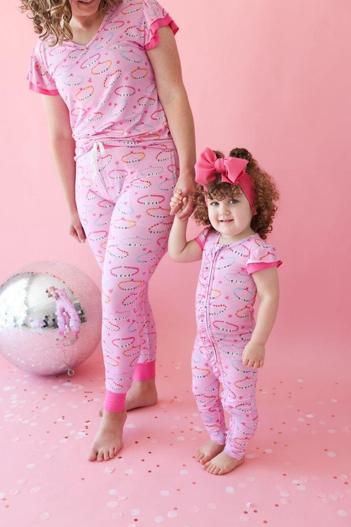 Women's Bamboo Two Piece Pajama Set - Pink Friendship Bracelet Print