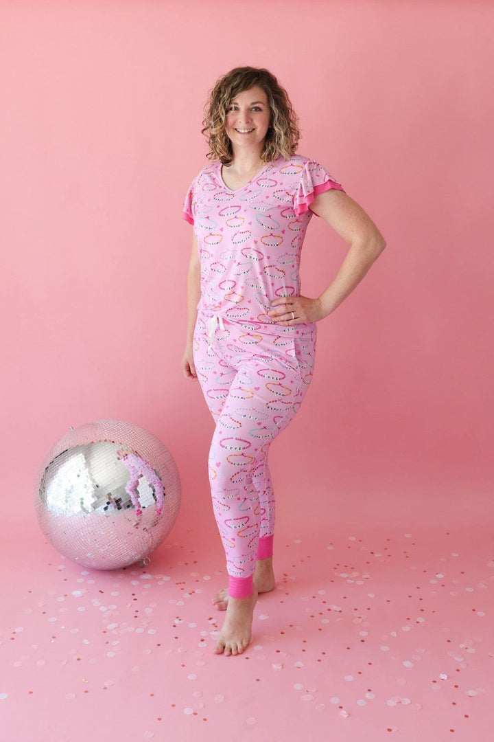 Women's Bamboo Two Piece Pajama Set - Pink Friendship Bracelet Print