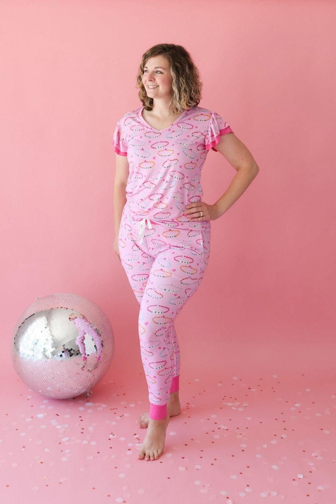 Women's Bamboo Two Piece Pajama Set - Pink Friendship Bracelet Print