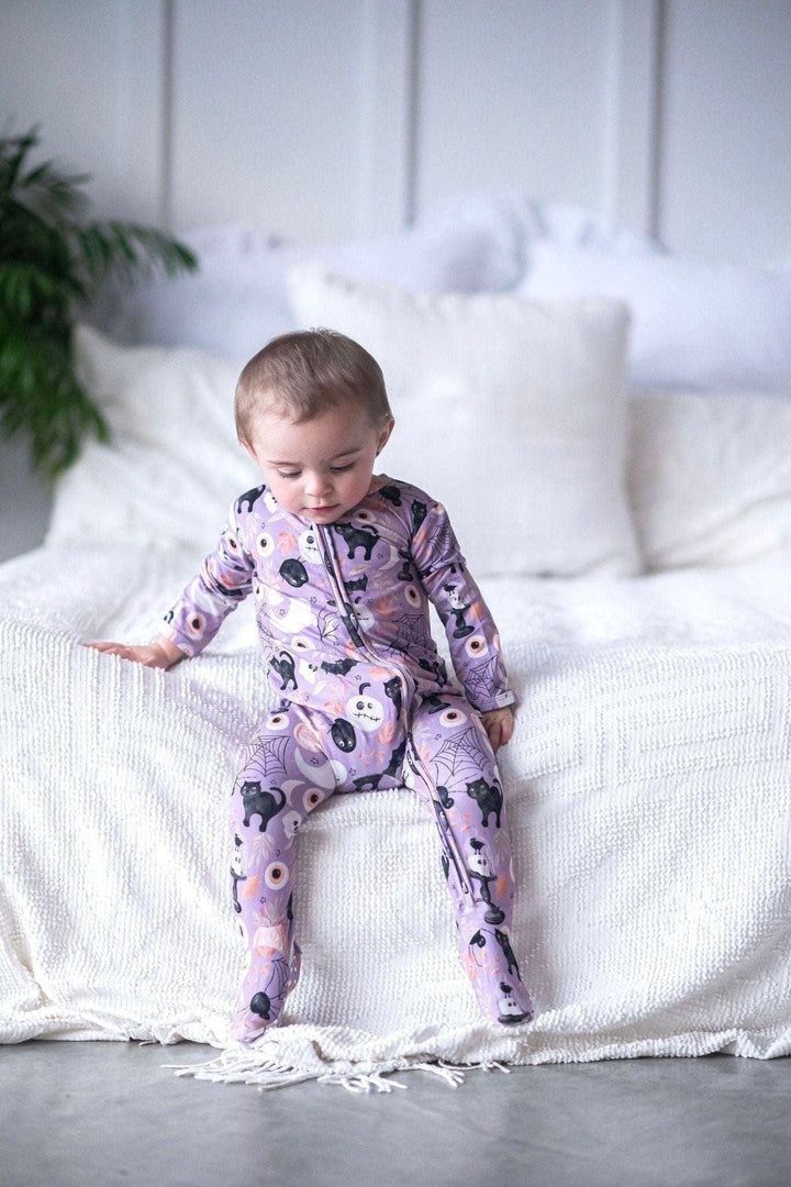 Purple Witches & Ghosts One-Piece Zipper Pajamas