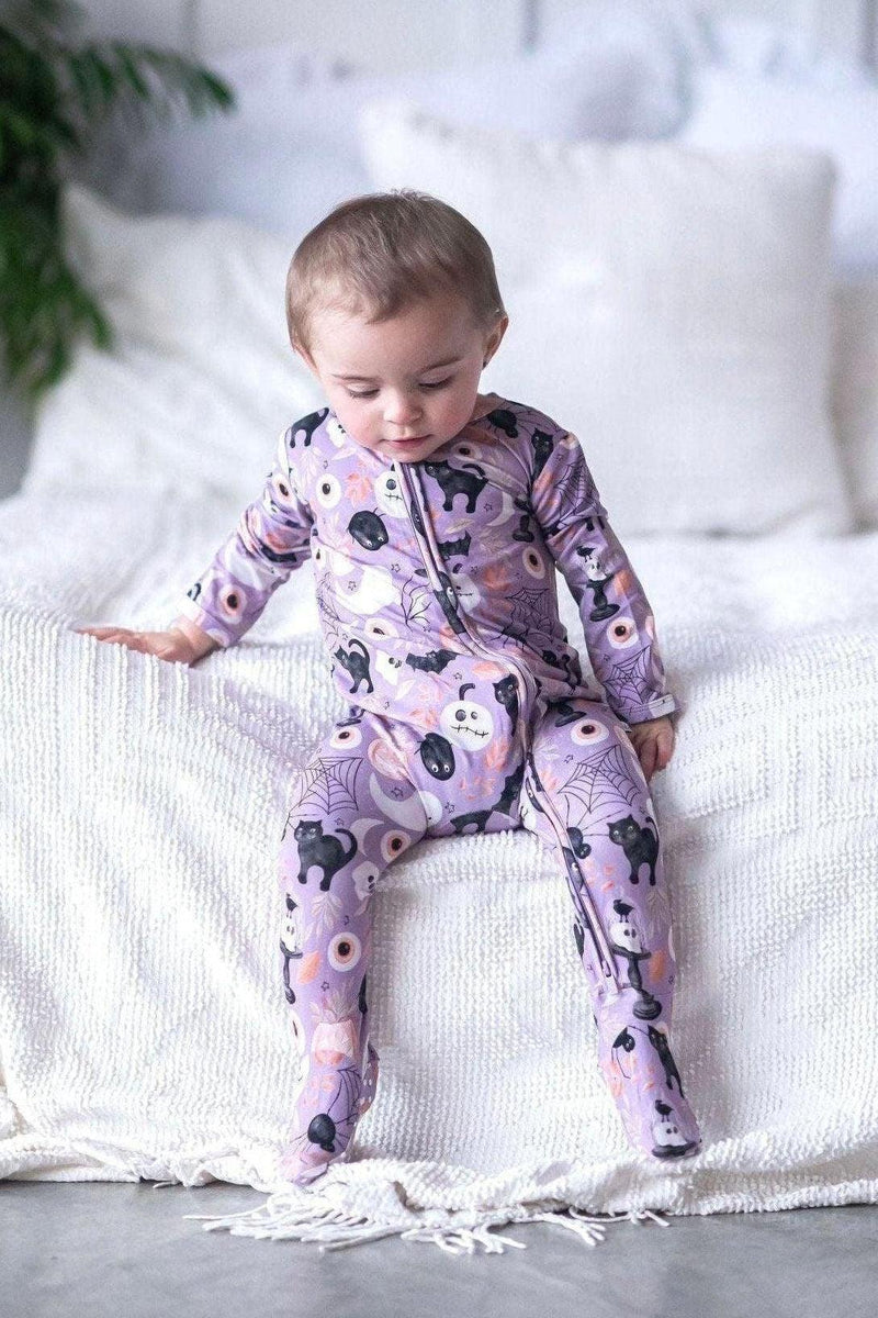 Purple Witches & Ghosts One-Piece Zipper Pajamas
