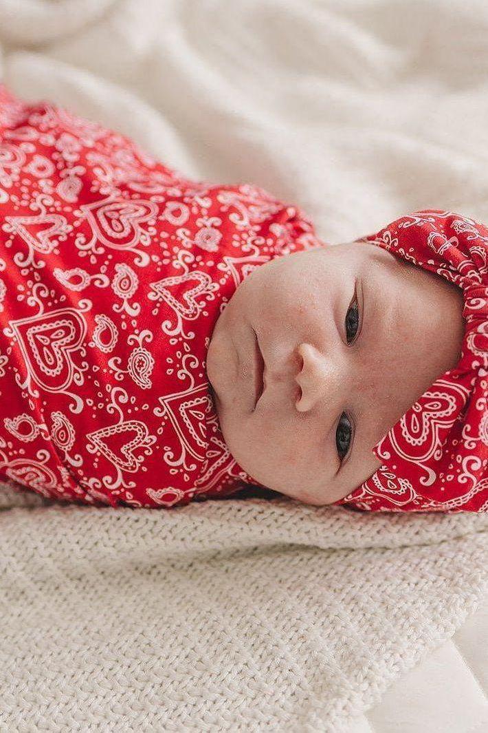Red Paisley Hearts Newborn Bamboo Swaddle Blanket
