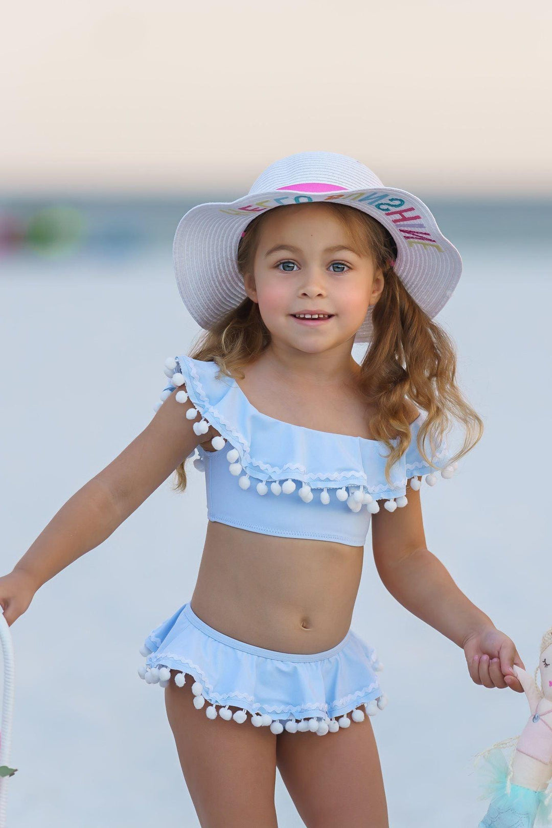 Blue & White Pom-Pom Two-Piece Girls Swimsuit