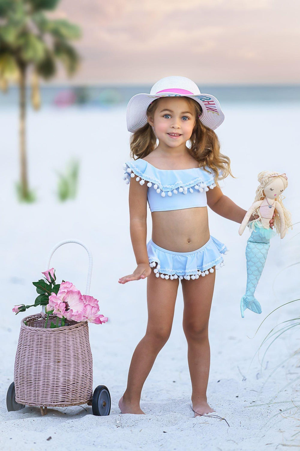 Blue & White Pom-Pom Two-Piece Girls Swimsuit