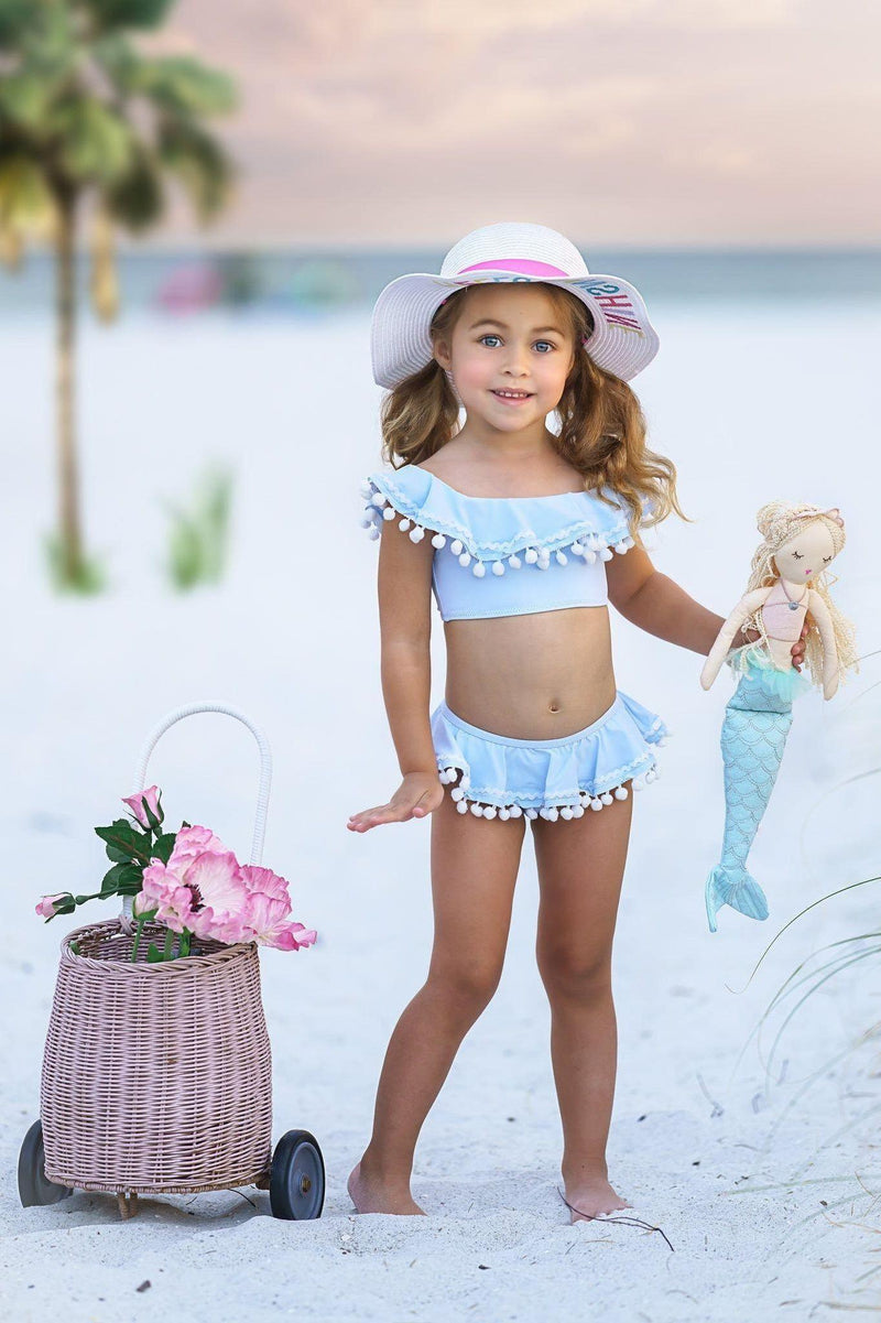 Stella Cove - Blue & White Pom-Pom Two-Piece Girls Swimsuit