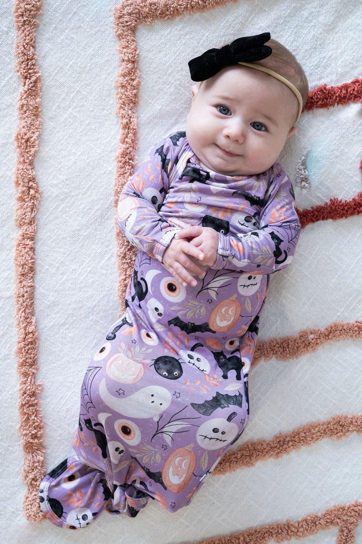 Purple Witches & Ghosts Newborn Knotted Gown