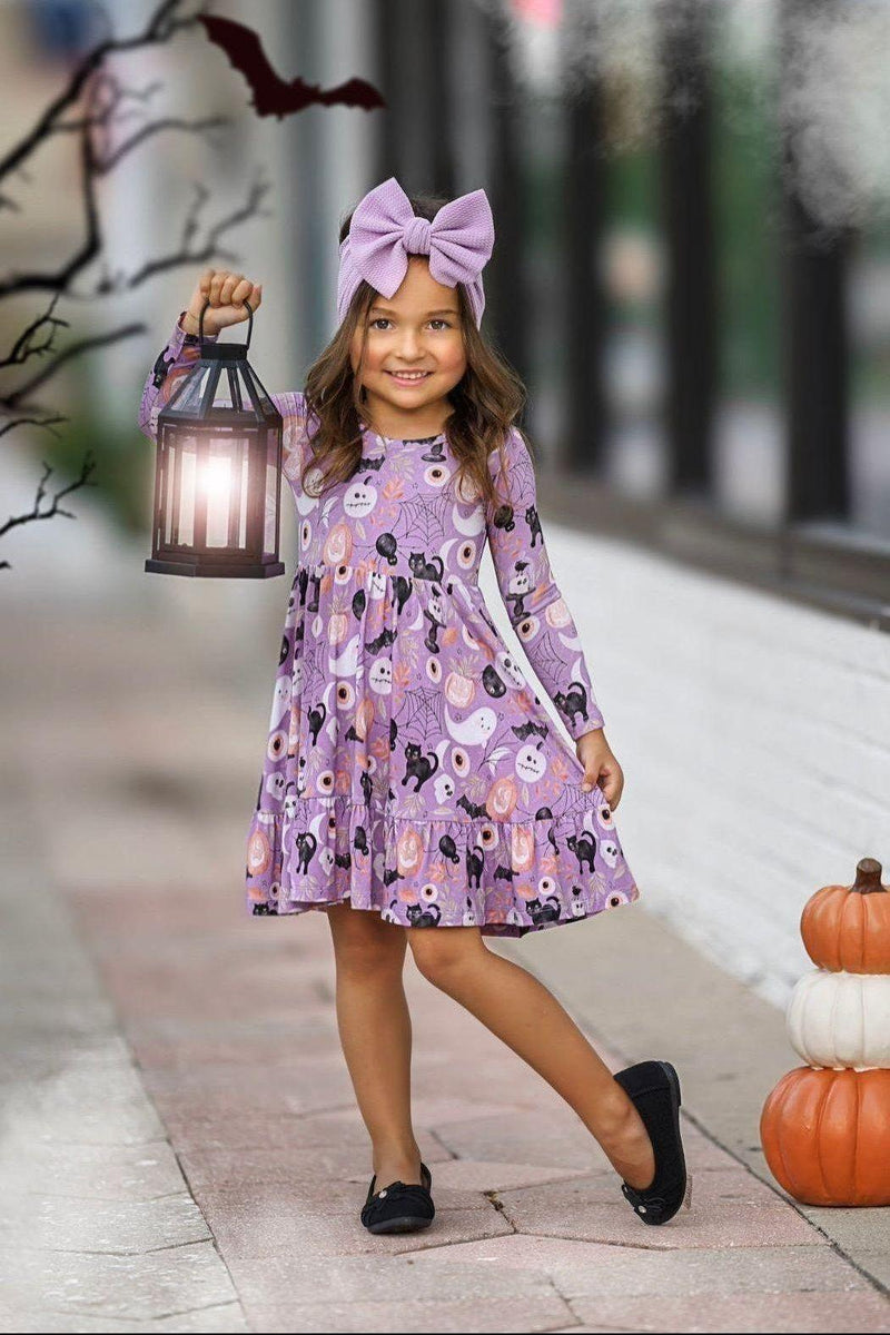 Purple Witches & Ghosts Bamboo Kids Twirl Dress for Halloween