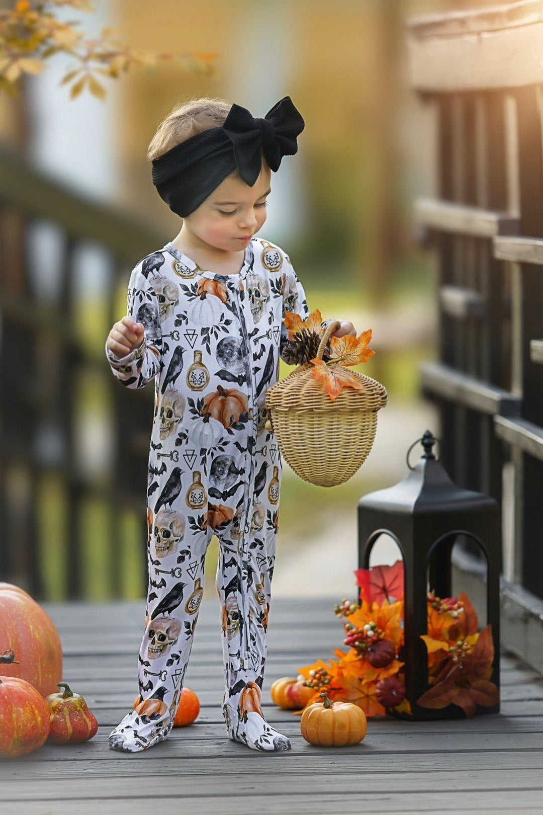 Halloween Skulls & Pumpkins, One Piece Baby Zipper footed Pajamas