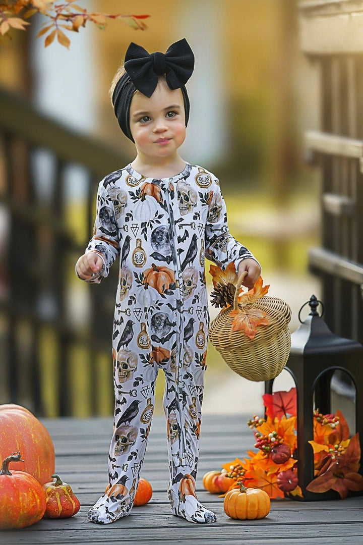 Halloween Skulls & Pumpkins, One Piece Baby Zipper footed Pajamas