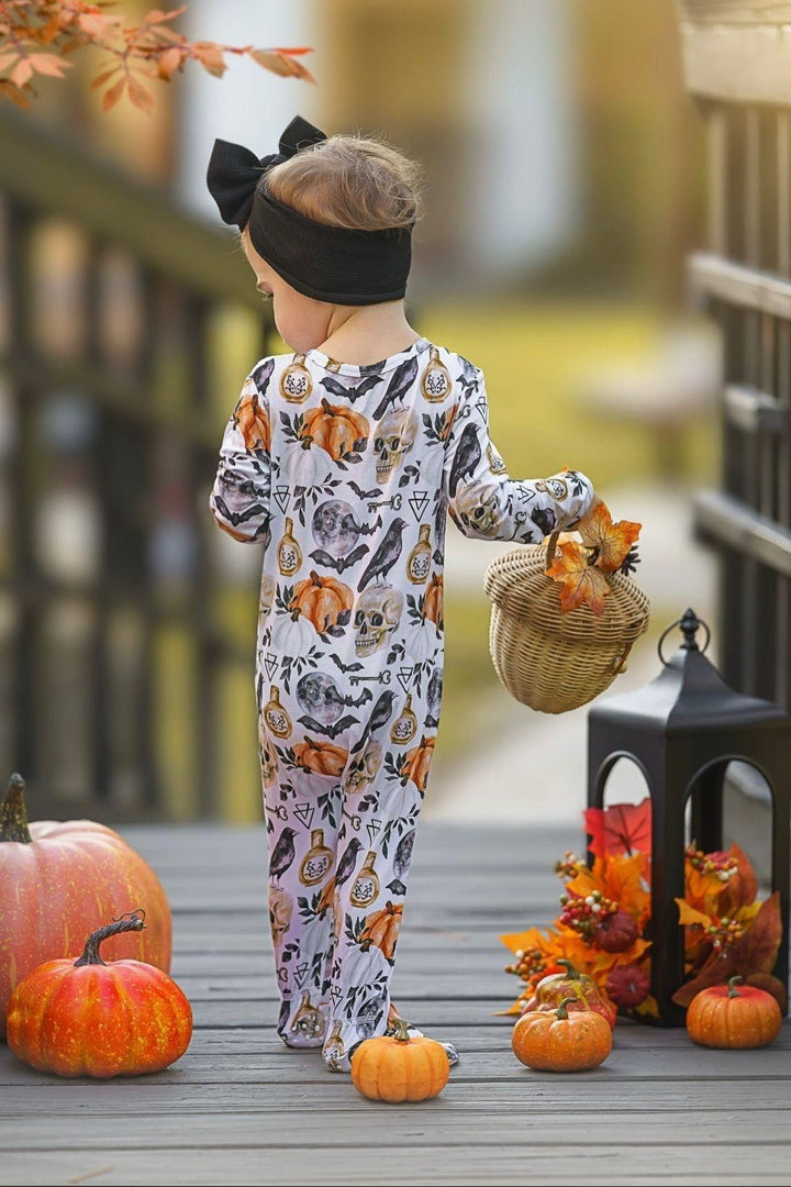 Halloween Skulls & Pumpkins, One Piece Baby Zipper footed Pajamas