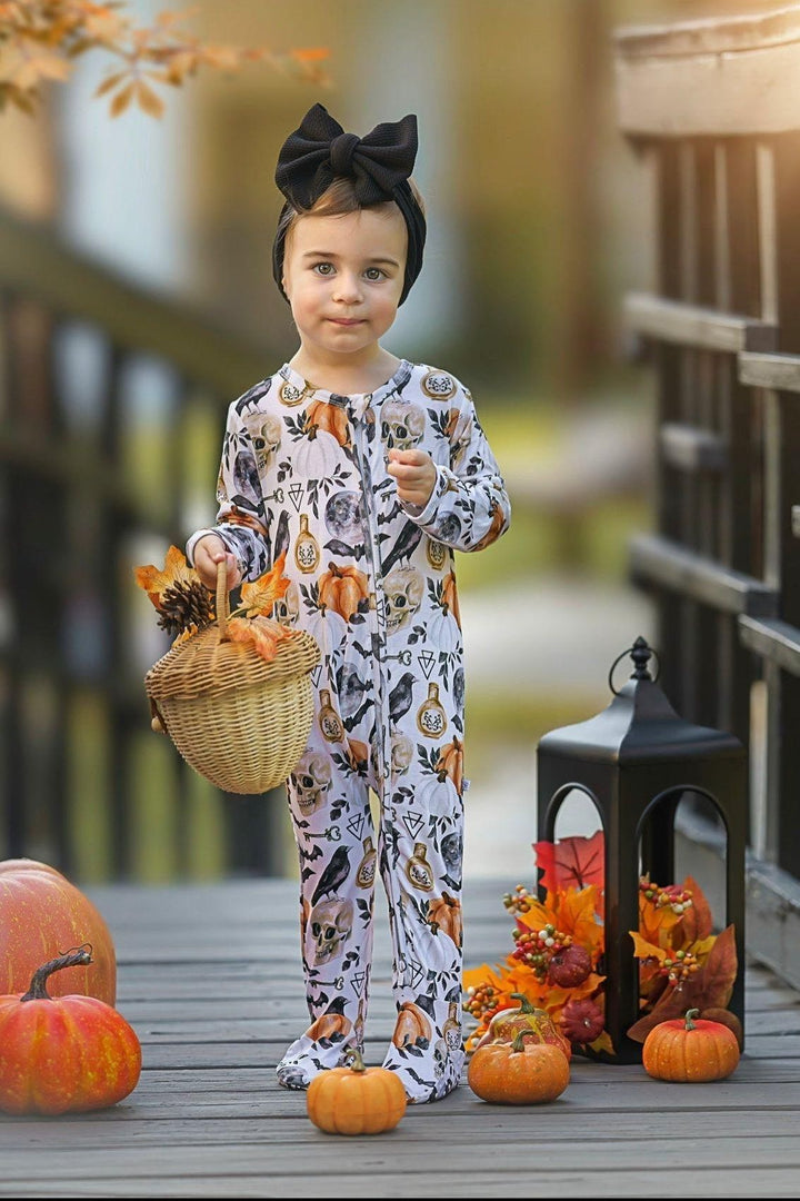 Halloween Skulls & Pumpkins, One Piece Baby Zipper footed Pajamas